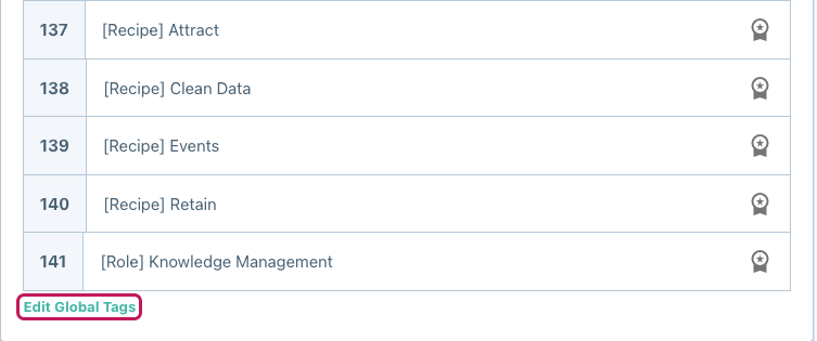Bas de la page Global Tags avec le lien Edit Global Tags encadré