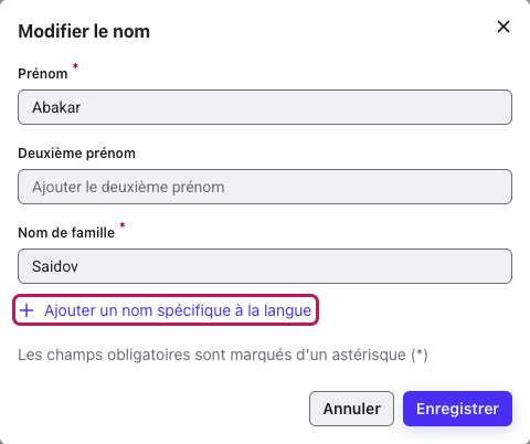 Fenêtre Modifier le nom avec l’option + Ajouter un nom spécifique à la langue encadrée