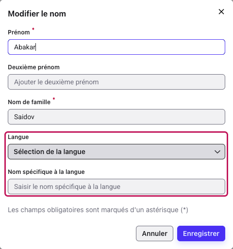 Fenêtre Modifier le nom avec les champs Langue et Nom spécifique à la langue encadrés