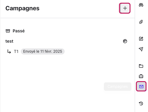Espace de travail Campagnes avec le signe + et l’icône Campagnes encadrés