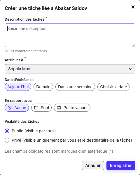 Fenêtre Créer une tâche liée au contact : Description des tâches, Attribuer à, Date d’échéance, En rapport avec et Visibilité des tâches