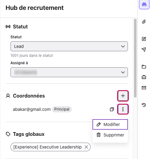 Hub de recrutement avec le signe + de la section Coordonnées et le menu ⋮ (Modifier, Supprimer) encadrés