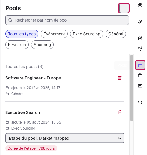 Espace de travail Pools avec le signe + et l’icône Pools encadrés
