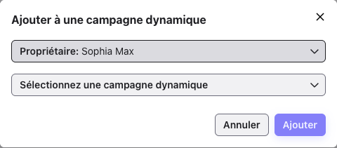 Fenêtre Ajouter à une campagne dynamique avec Propriétaire et Sélectionnez une campagne dynamique
