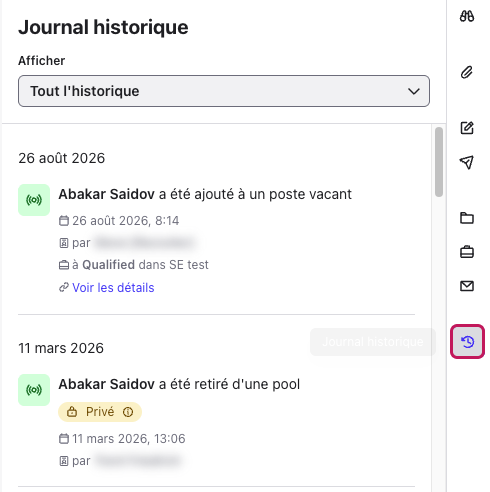 Espace de travail Journal historique avec l’icône correspondante encadrée