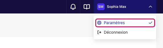 Menu utilisateur ouvert en haut à droite de Beamery, avec l’option Paramètres encadrée