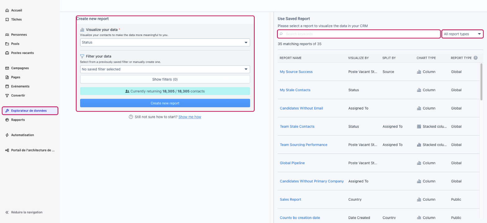 Page Explorateur de données avec le panneau Create new report à gauche et la liste Use Saved Report à droite