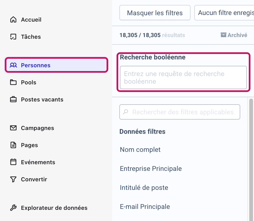 Menu de navigation avec Personnes encadré et champ Recherche booléenne encadré en haut du panneau des filtres