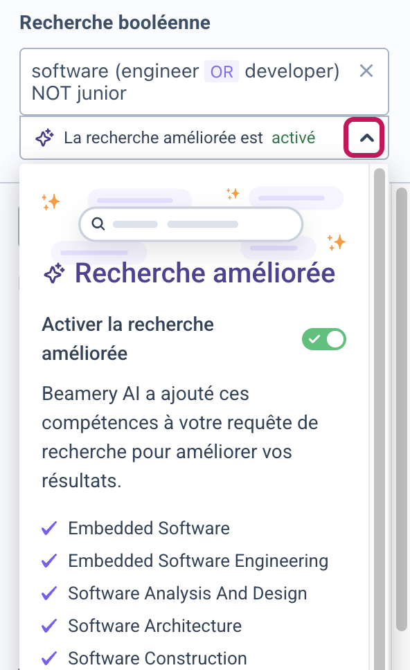 Champ Recherche booléenne avec la flèche du menu déroulant La recherche améliorée est activé encadrée et le panneau Recherche améliorée ouvert