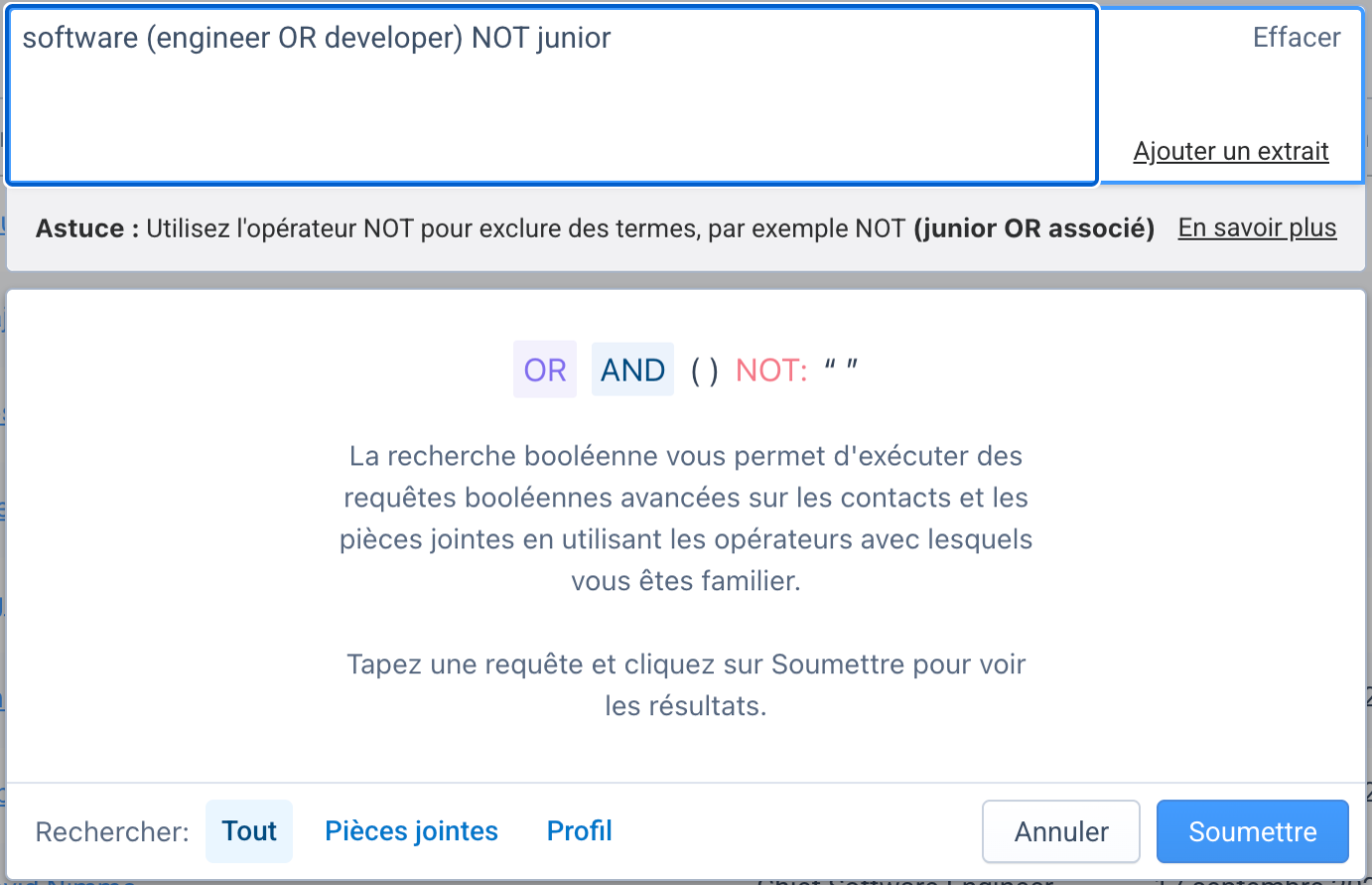 Fenêtre de requête booléenne avec une chaîne saisie, options Rechercher : Tout, Pièces jointes, Profil, et boutons Annuler et Soumettre