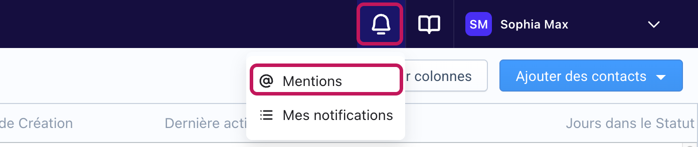 Icône en forme de cloche encadrée en haut à droite de la page, avec le menu Mentions et Mes notifications ouvert