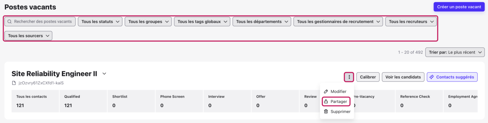 Page Postes vacants avec les filtres encadrés et le menu à points de suspension verticaux ouvert sur l’option Partager encadrée
