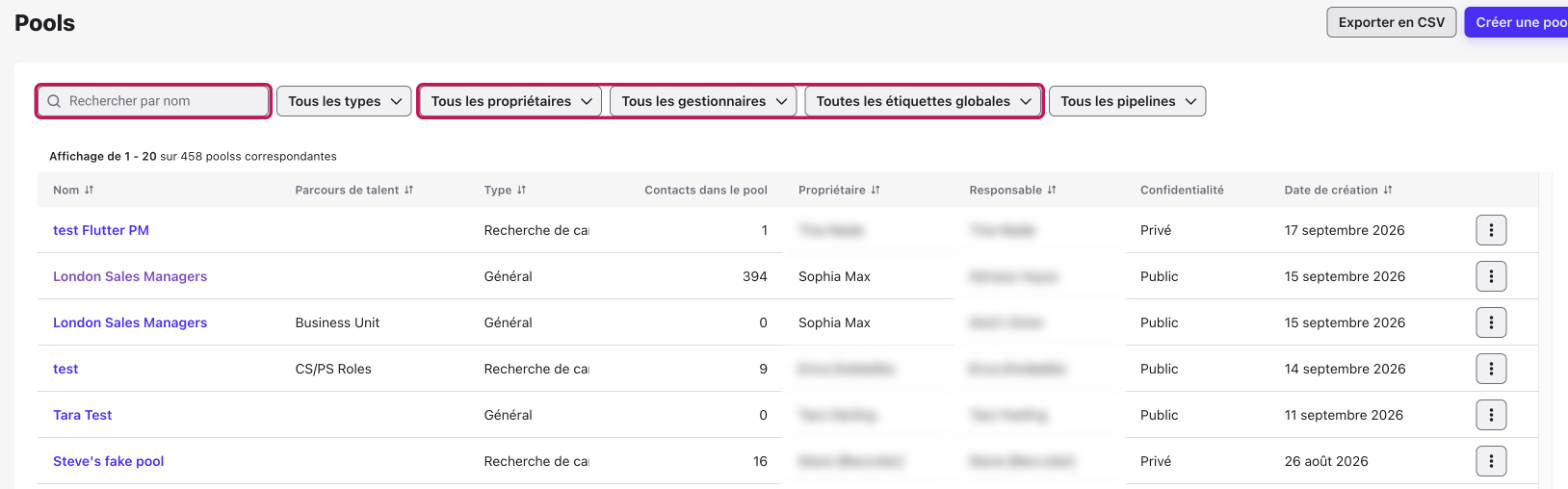 Page Pools avec la barre Rechercher par nom et les filtres Tous les propriétaires, Tous les gestionnaires et Toutes les étiquettes globales encadrés