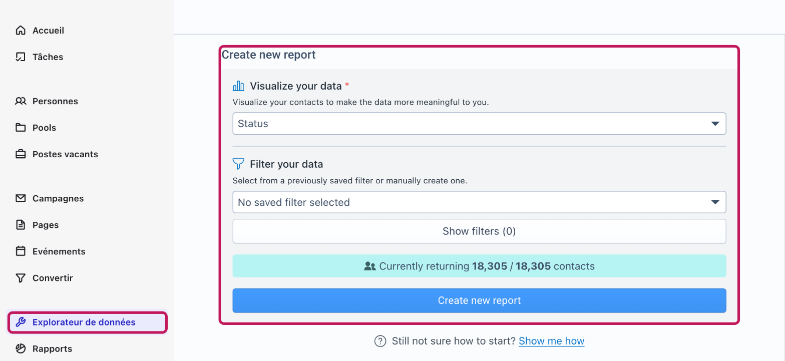 Menu de gauche avec Explorateur de données encadré et la section Create new report encadrée