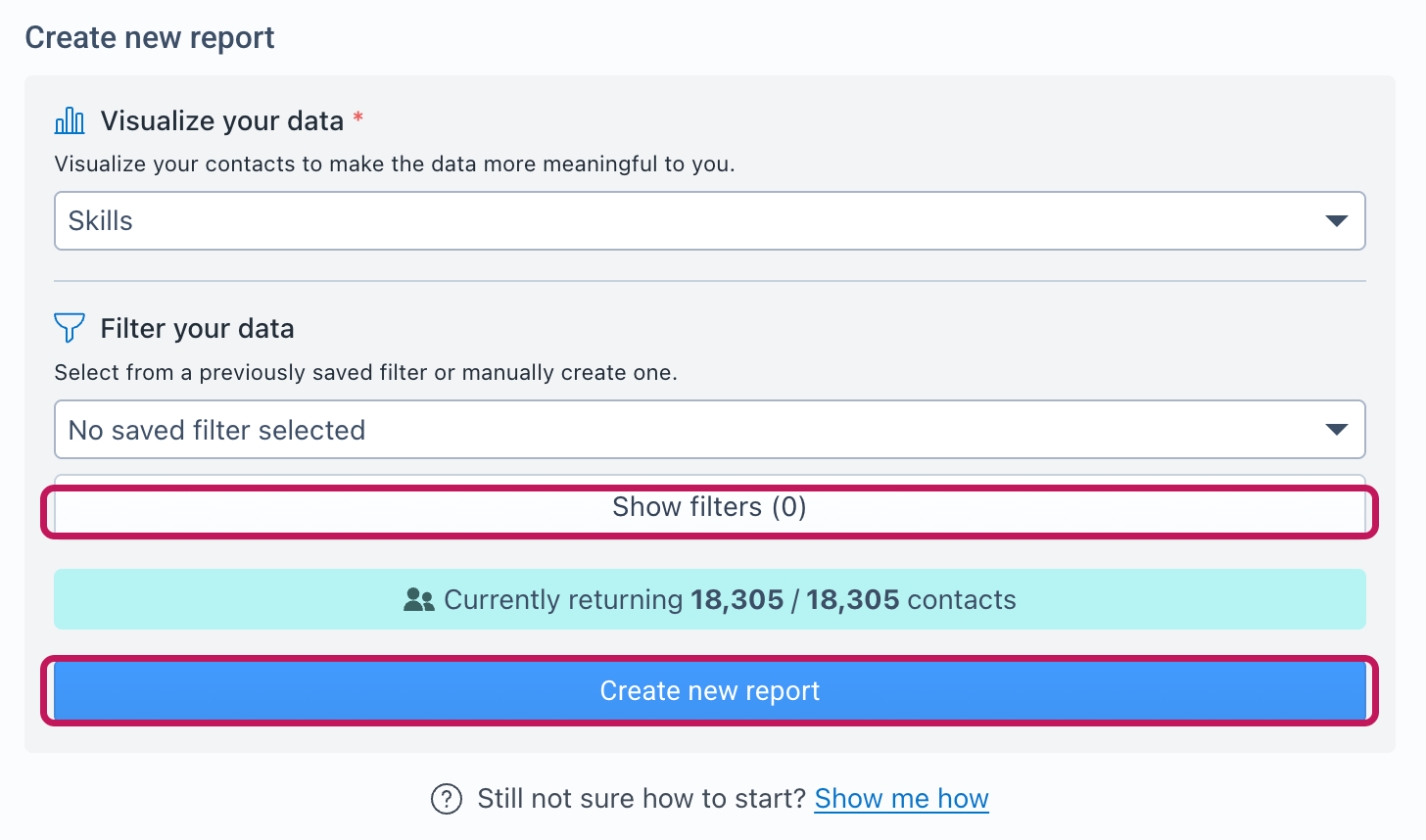 Section Create new report avec les boutons Show filters et Create new report encadrés