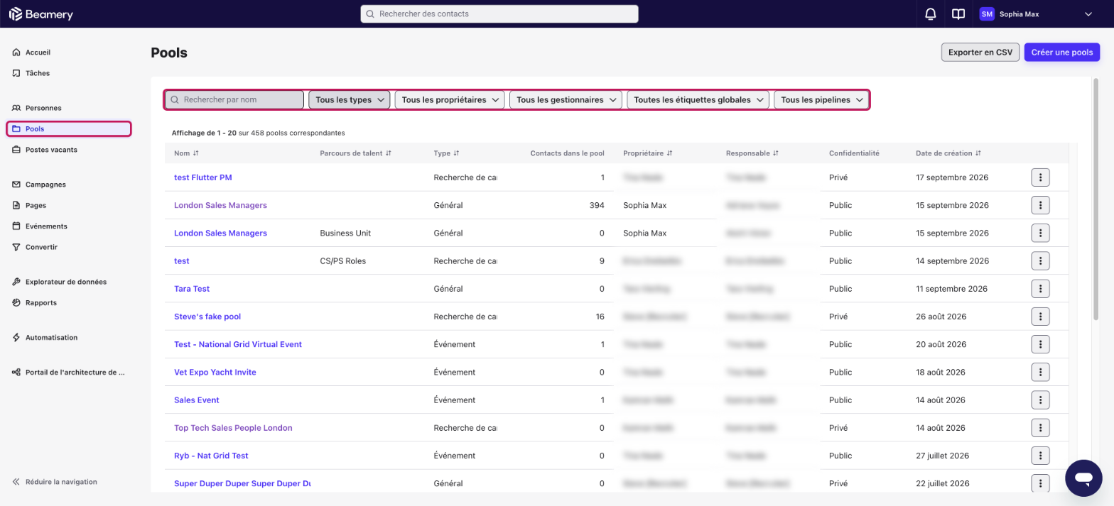 Page Pools avec Pools encadré dans la barre de navigation de gauche et la barre Rechercher par nom et les filtres Tous les types, Tous les propriétaires, Tous les gestionnaires, Toutes les étiquettes globales et Tous les pipelines encadrés