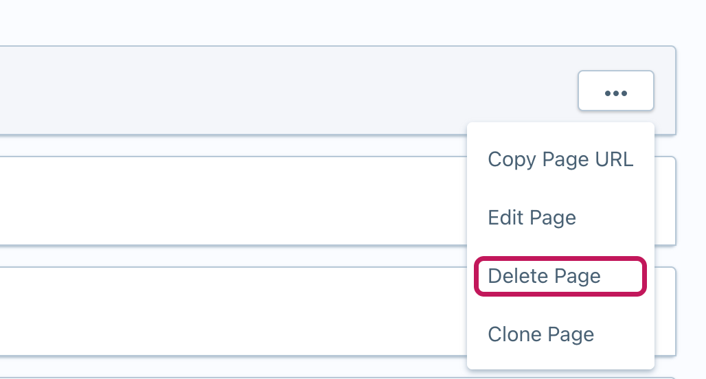 Écran de gestion des pages avec le menu de la page ouvert et l’option Delete Page encadrée