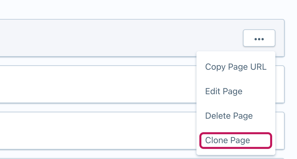 Écran de gestion des pages avec le menu de la page ouvert et l’option Clone Page encadrée