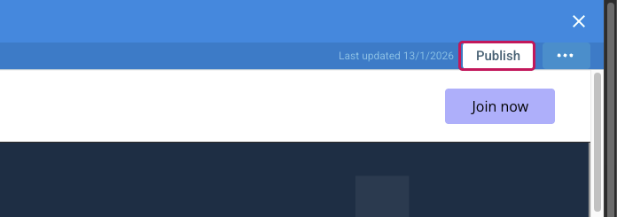 Barre supérieure du Page Builder avec le bouton Publish encadré