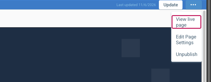 Page Builder avec le menu à points de suspension ouvert et l’option View live page encadrée