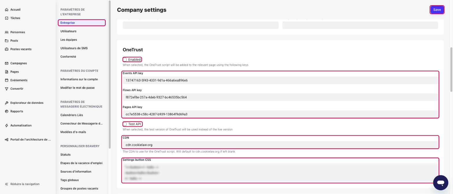 Section OneTrust des paramètres Entreprise avec Entreprise, Enabled, les champs Events API key, Flows API key et Pages API key, Test API, CDN, Settings button CSS et le bouton Save encadrés