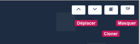 Boutons de contrôle d’un bloc dans le Page Builder : flèches Déplacer, Cloner et Masquer
