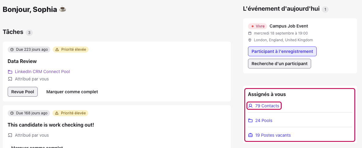 Page Accueil avec la section Assignés à vous et le lien Contacts encadrés