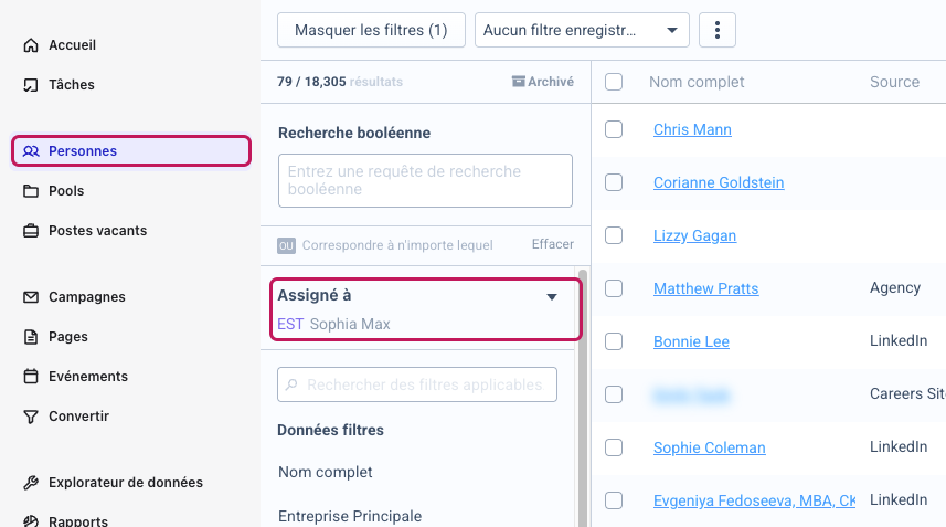 Personnes encadré dans le menu de navigation et filtre Assigné à EST [nom de l’utilisateur] encadré dans le panneau des filtres