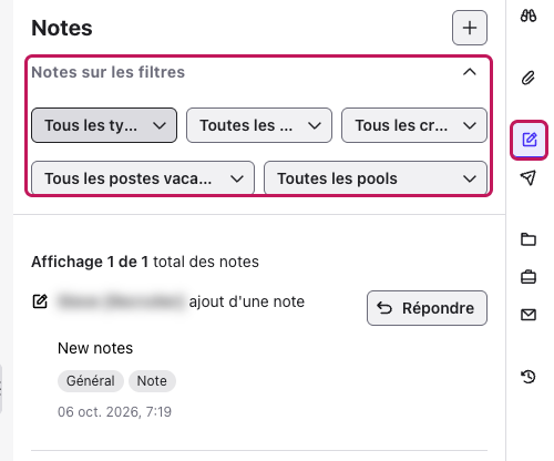Panneau Notes d’un profil avec l’icône Notes et la section Notes sur les filtres encadrées