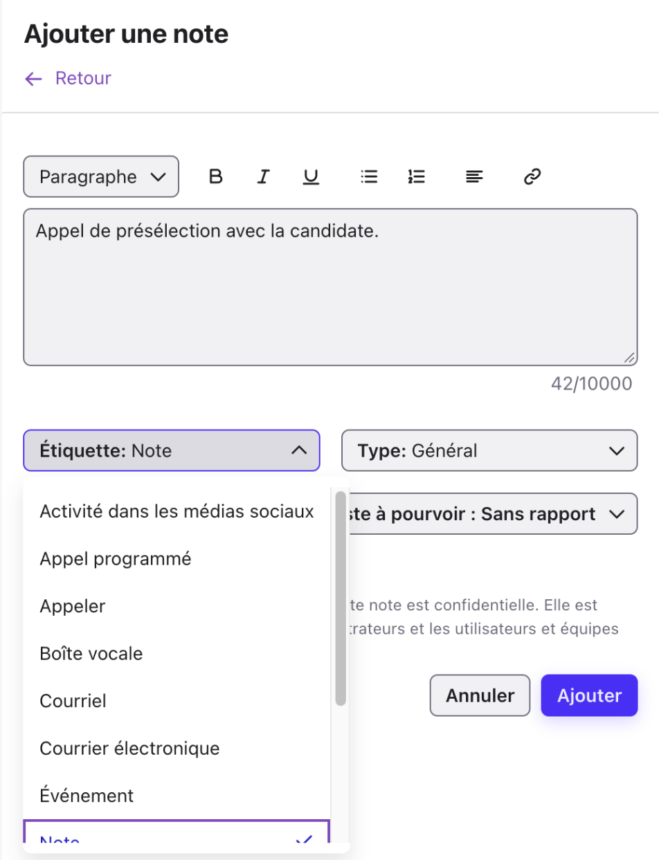 Formulaire Ajouter une note du panneau Notes avec le menu déroulant Étiquette ouvert affichant les types d’activité