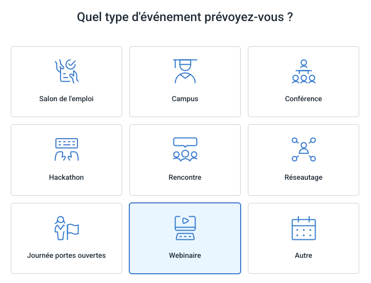 Étape Type d’événement de Créer un événement avec le type Webinaire sélectionné
