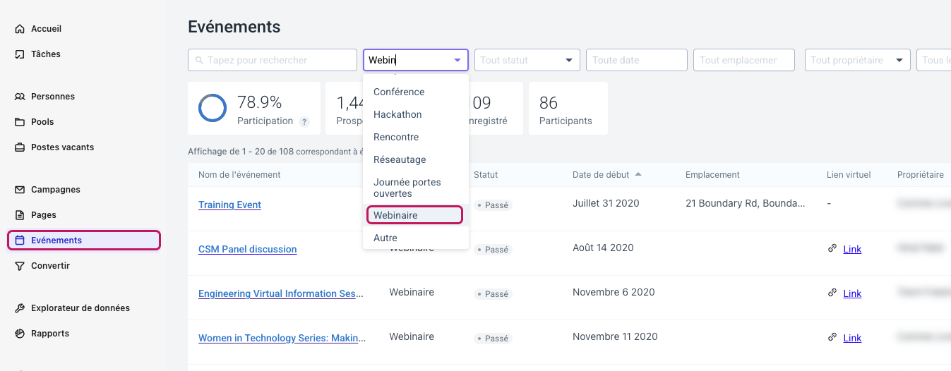 Page Evénements avec Evénements encadré dans la navigation et le filtre des types d’événements ouvert sur Webinaire