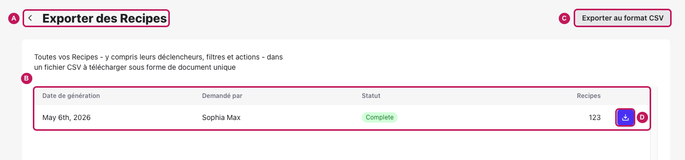 Page Exporter des Recipes avec repères : A retour et titre, B liste des exportations, C bouton Exporter au format CSV, D bouton de téléchargement