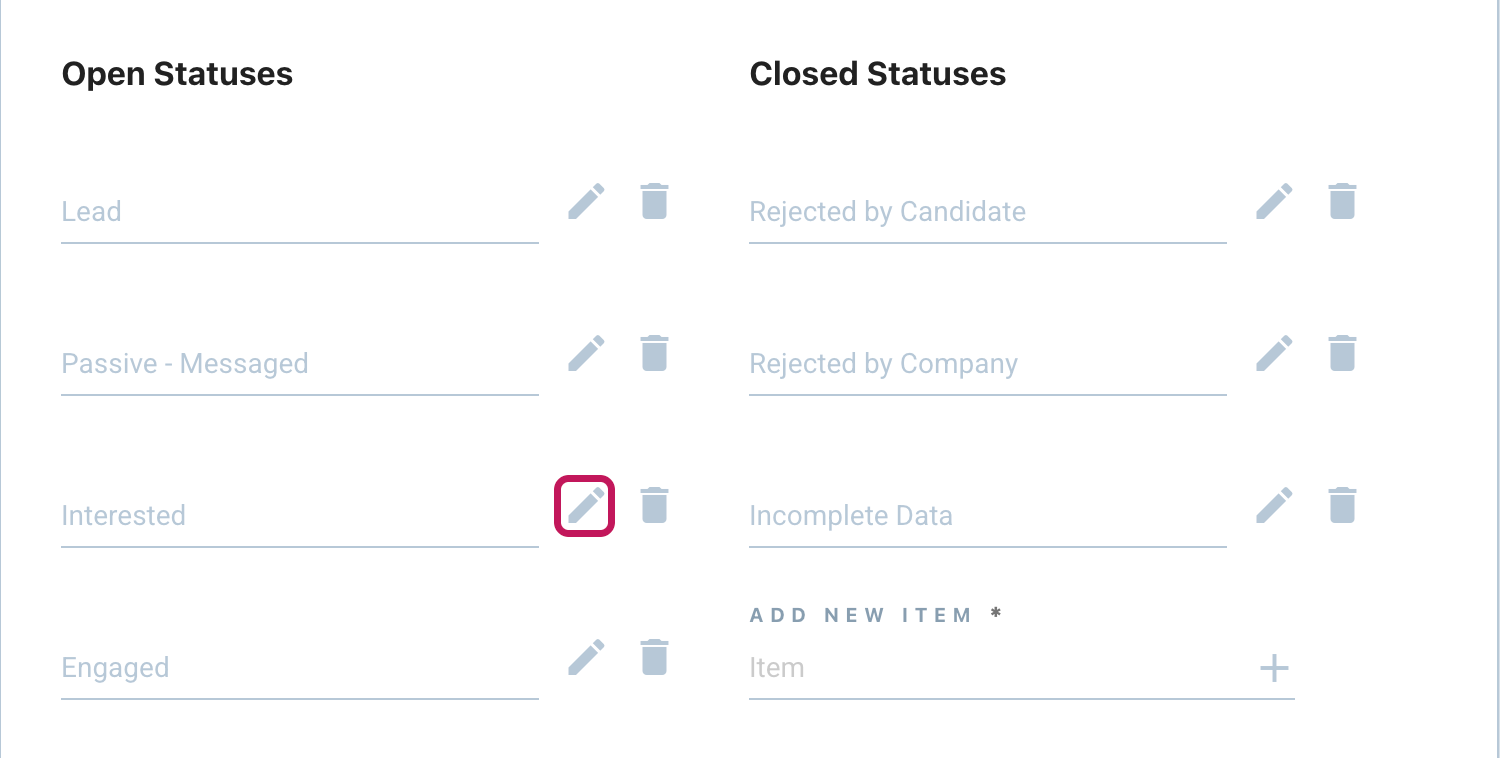 Page Statuses avec l’icône en forme de crayon encadrée à côté d’un statut