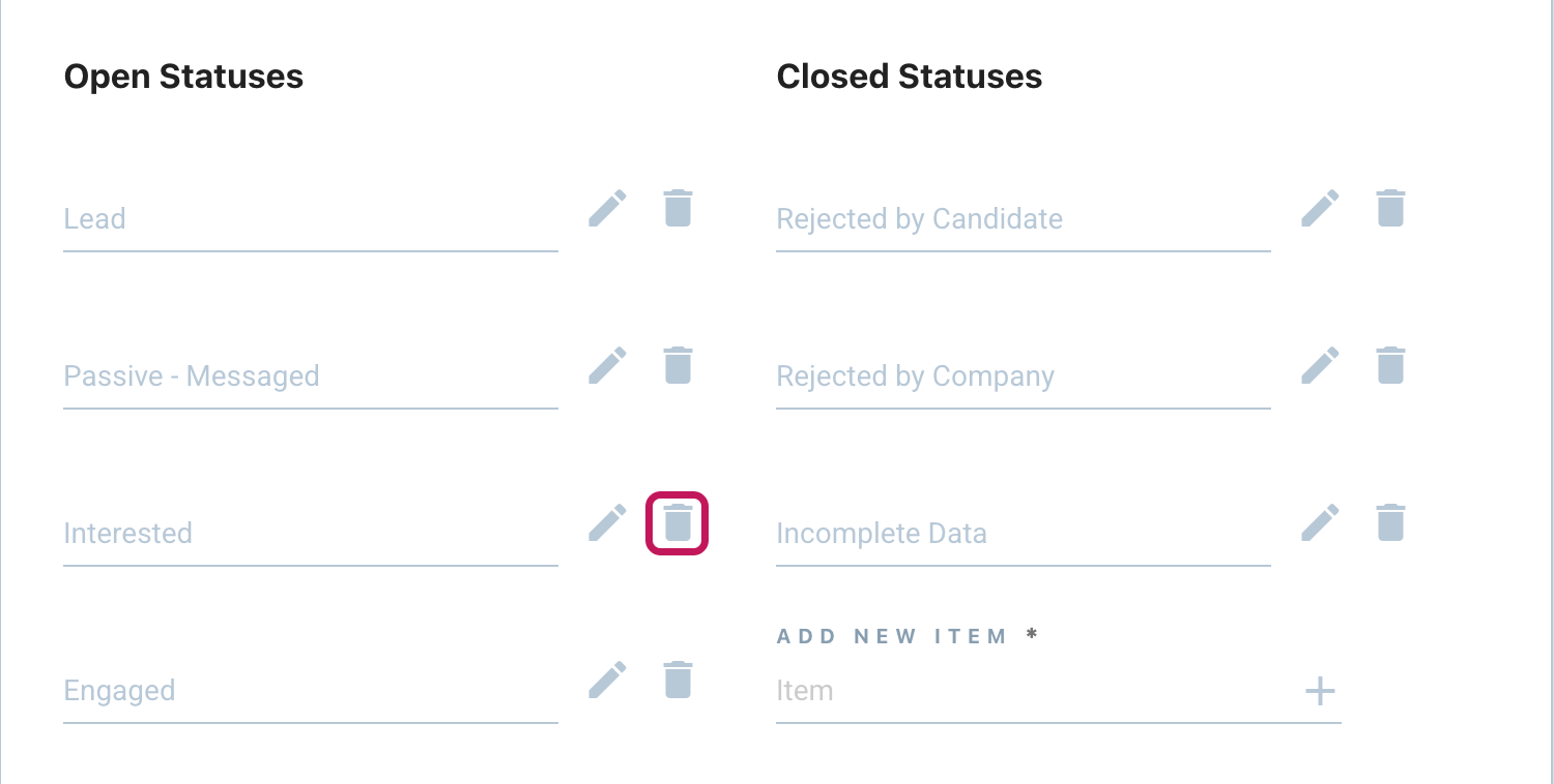 Page Statuses avec l’icône en forme de corbeille encadrée à côté d’un statut