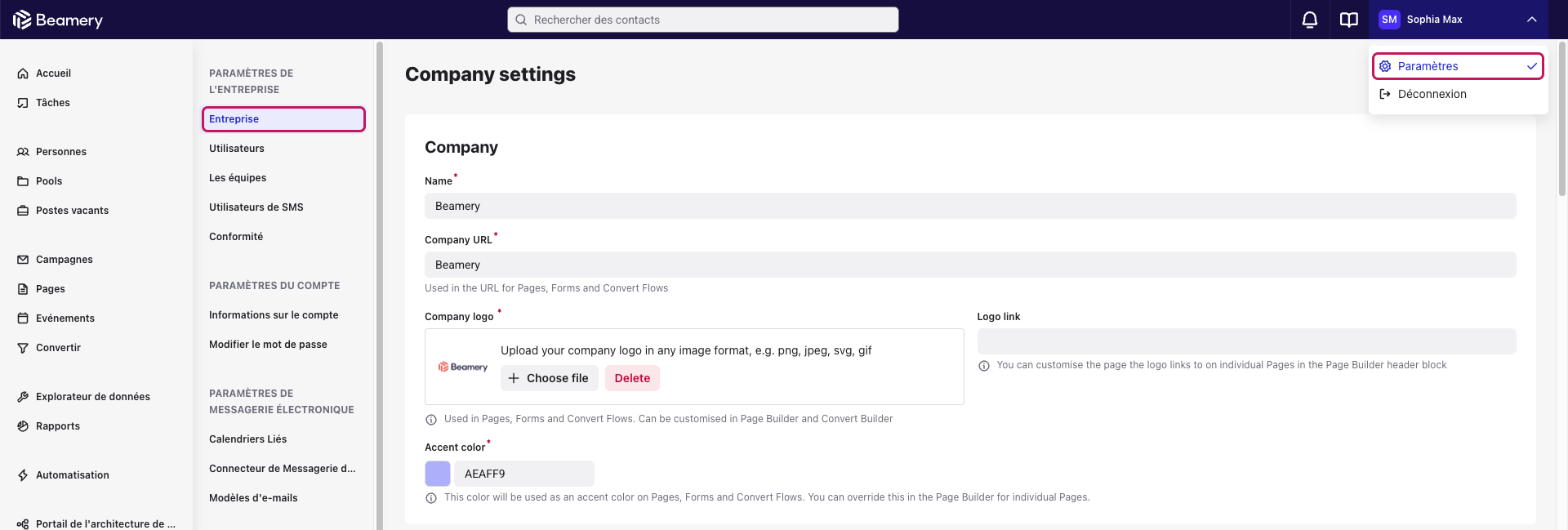 Page « Company settings » avec le menu utilisateur ouvert, l’option « Paramètres » et l’élément « Entreprise » encadrés