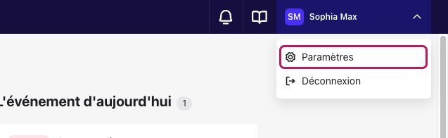 Menu utilisateur ouvert avec l’option « Paramètres » encadrée