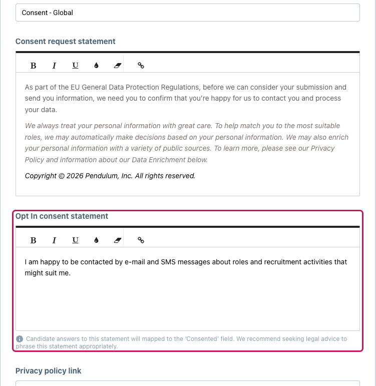 Page Edit Compliance avec le champ Opt In consent statement encadré, couvrant l’e-mail et les SMS