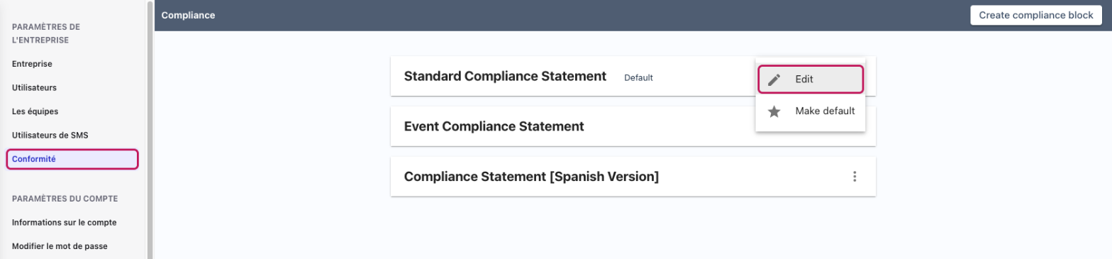 Page Compliance avec « Conformité » encadré dans la barre latérale et l’option Edit encadrée dans le menu ⋮ d’une déclaration de conformité