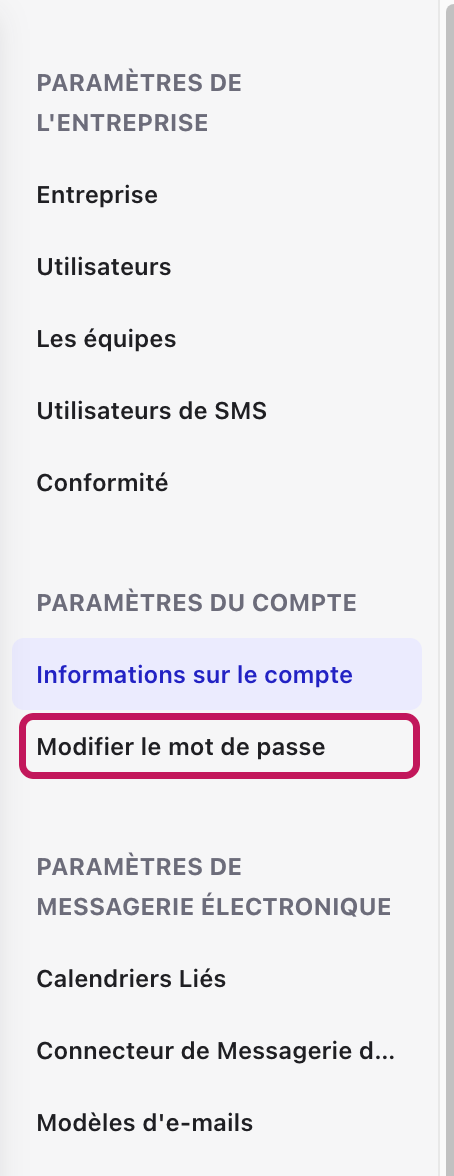 Barre latérale des paramètres avec l’option « Modifier le mot de passe » encadrée