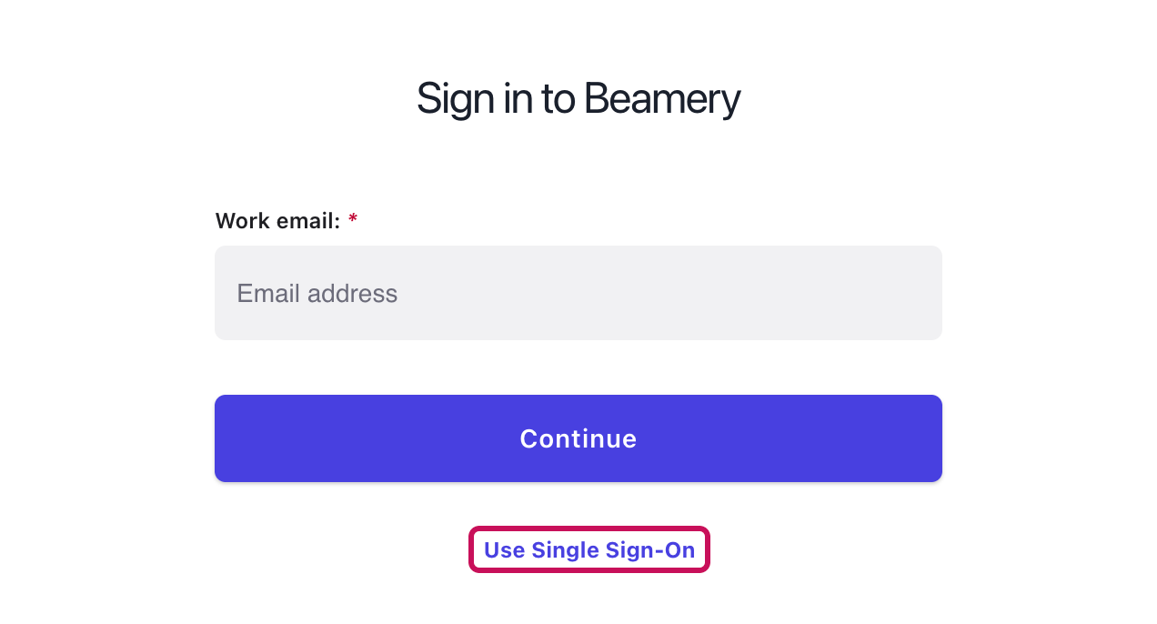 Page de connexion « Sign in to Beamery » avec le lien Use Single Sign-On mis en évidence