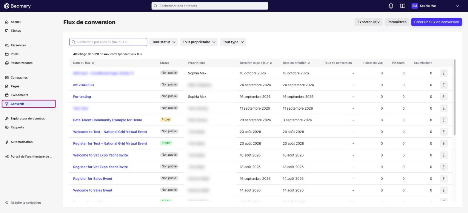 Menu de navigation de Beamery avec l’élément Convertir mis en évidence, sur la page Flux de conversion