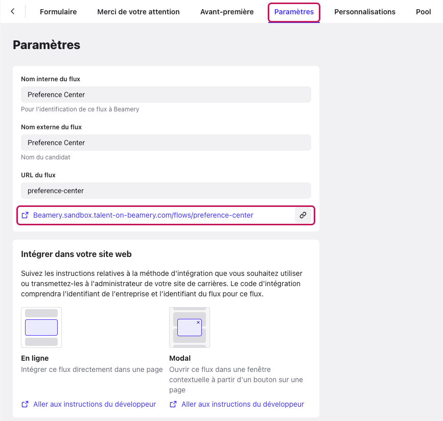 Onglet Paramètres d’un flux Convertir montrant l’URL du flux du Preference Center, à utiliser comme chemin de redirection