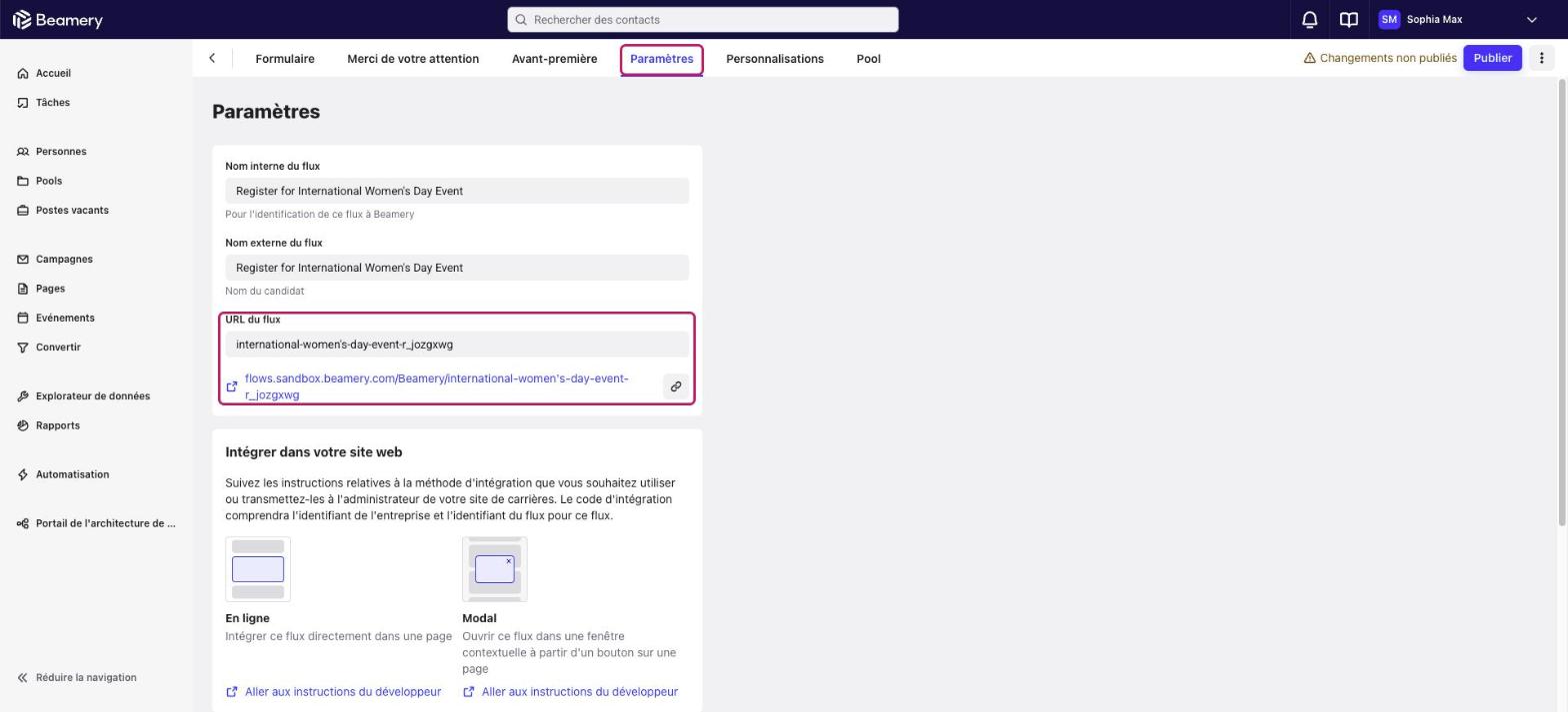 Onglet Paramètres du générateur de flux avec l’URL du flux d’inscription mise en évidence