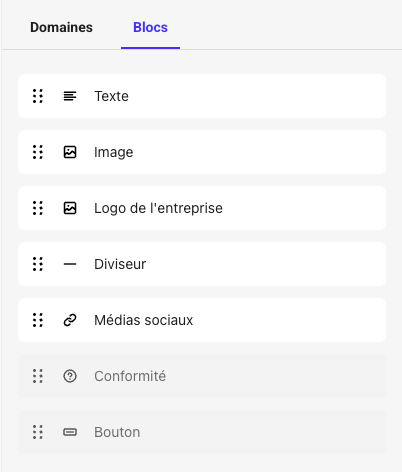 Onglet Blocs du générateur de flux : Texte, Image, Logo de l’entreprise, Diviseur, Médias sociaux, Conformité et Bouton