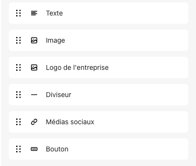 Blocs disponibles pour la page de remerciement : Texte, Image, Logo de l’entreprise, Diviseur, Médias sociaux et Bouton
