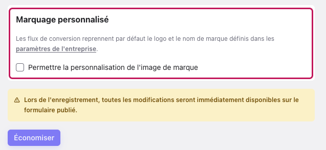 Section Marquage personnalisé de l’onglet Paramètres avec la case « Permettre la personnalisation de l’image de marque » et le bouton Économiser