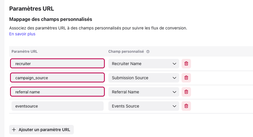 Tableau Mappage des champs personnalisés associant les paramètres URL recruiter, campaign_source et referral name à des champs personnalisés