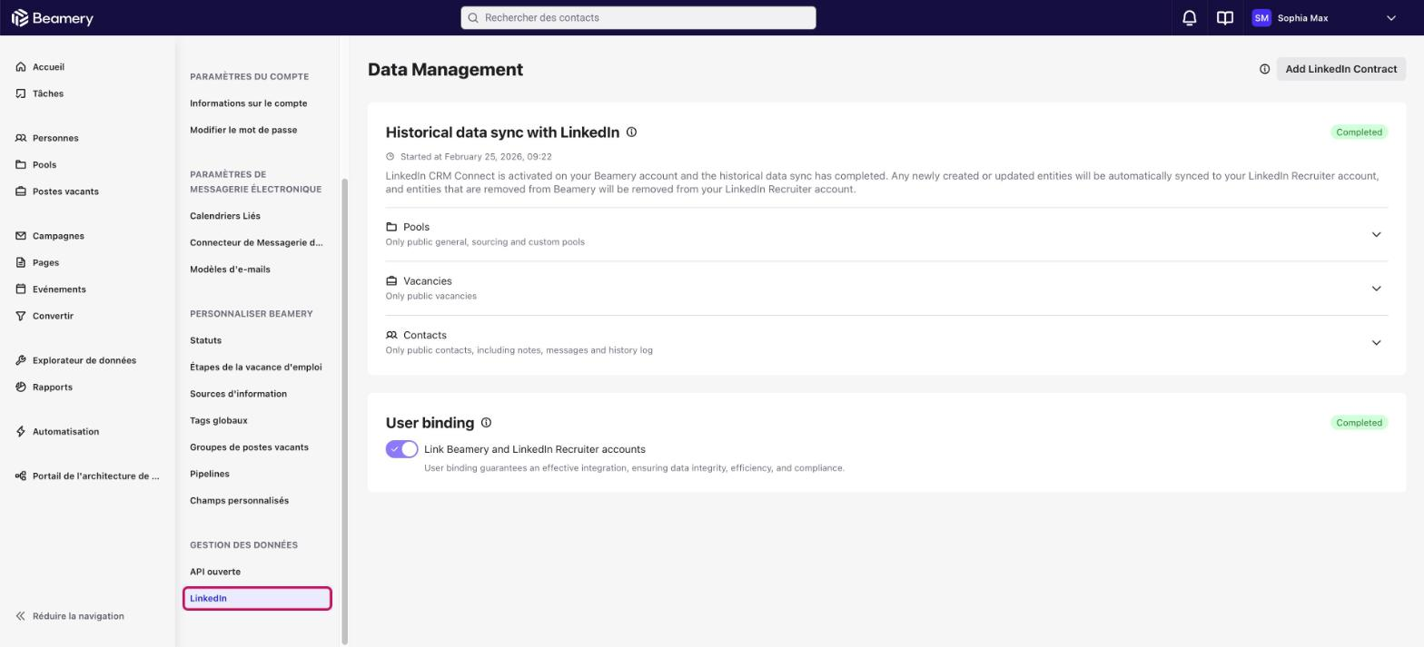 Paramètres de Beamery : élément LinkedIn sélectionné sous Gestion des données