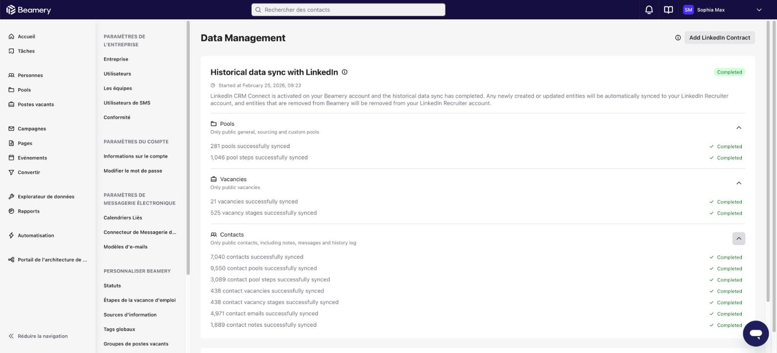 Page Data Management : synchronisation historique terminée pour Pools, Vacancies et Contacts
